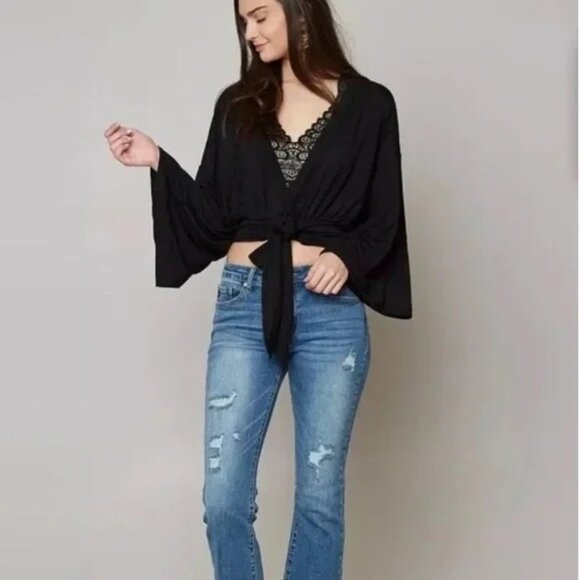 Free People Black Wrap Top With Tie Waist & Bell Sleeves Womens Size XS - Picture 12 of 12